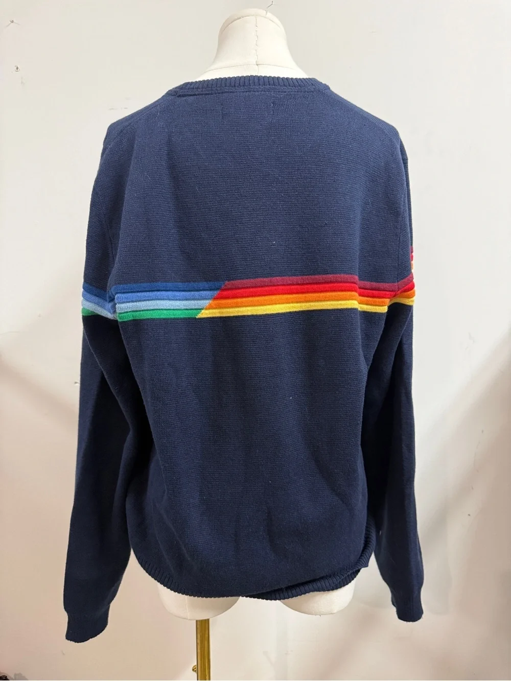 Marine Layer Navy Crewneck Sweater with Rainbow Chest Stripe